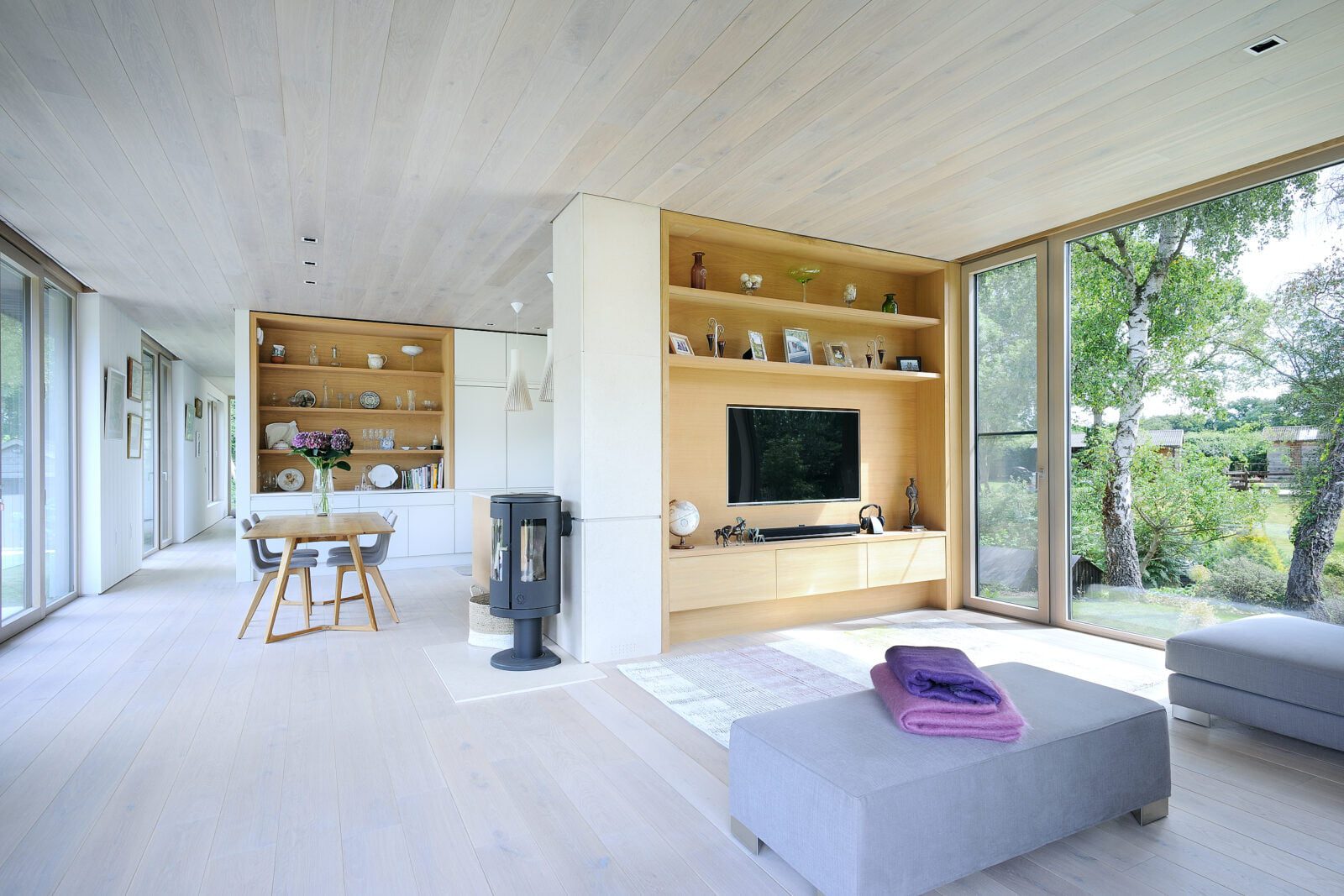 Open plan living room connected into the forest through large windows