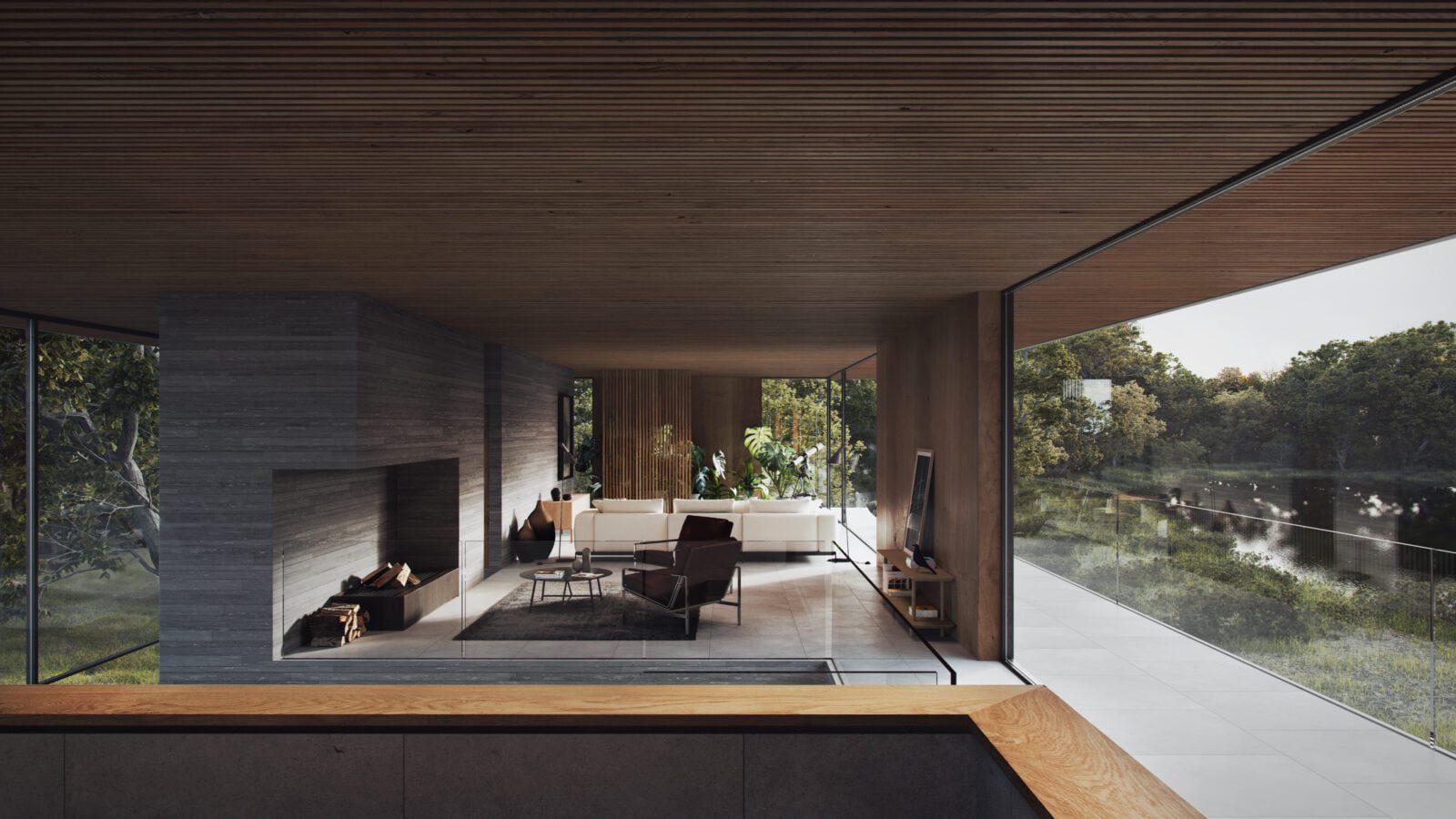 Contemporary country house living room with views