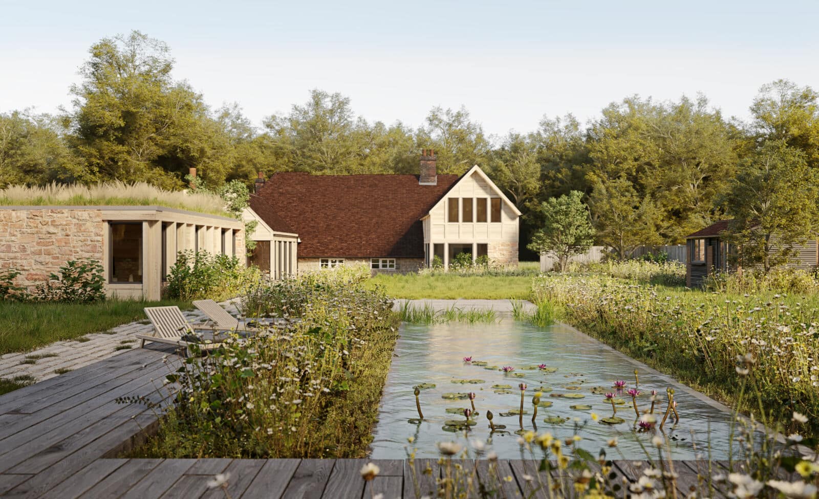 View over the natural pool to the listed cottage with the contemporary interventions